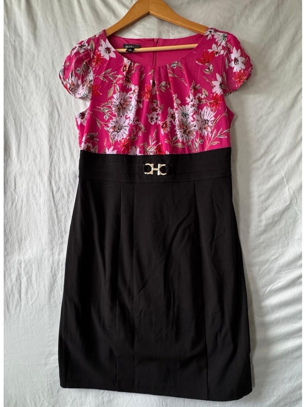 ALYX Dress 12 Pink Black Floral Puff Sleeve Sheath Office Wedding